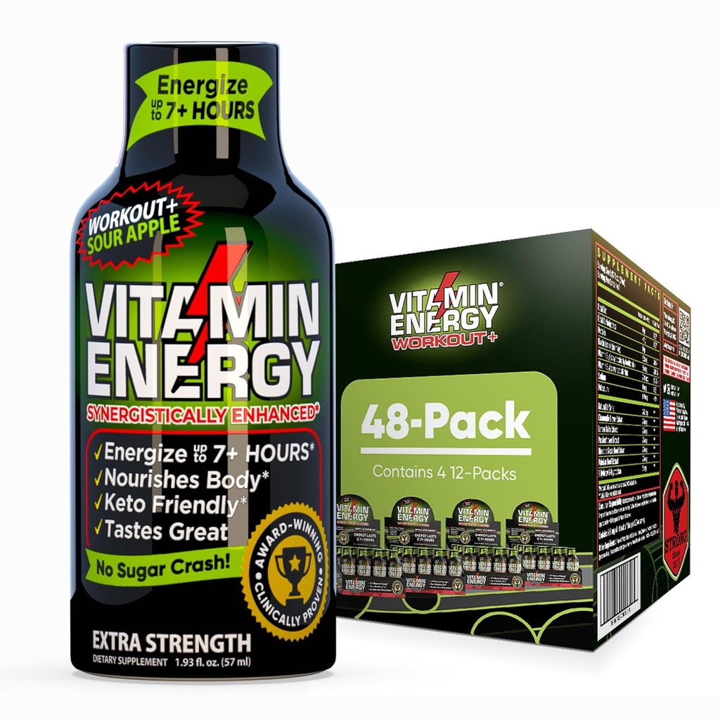 Vitamiini energia treening + ekstra tugevus energia Shot Hapu Apple 48 Pack, 260mg looduslik kofeiin, Pre-Workout, B-vitamiinid, mineraalid, vastupidavus ja jõudlus, null suhkur, gluteenivaba, Vegan, 1.93 fl oz