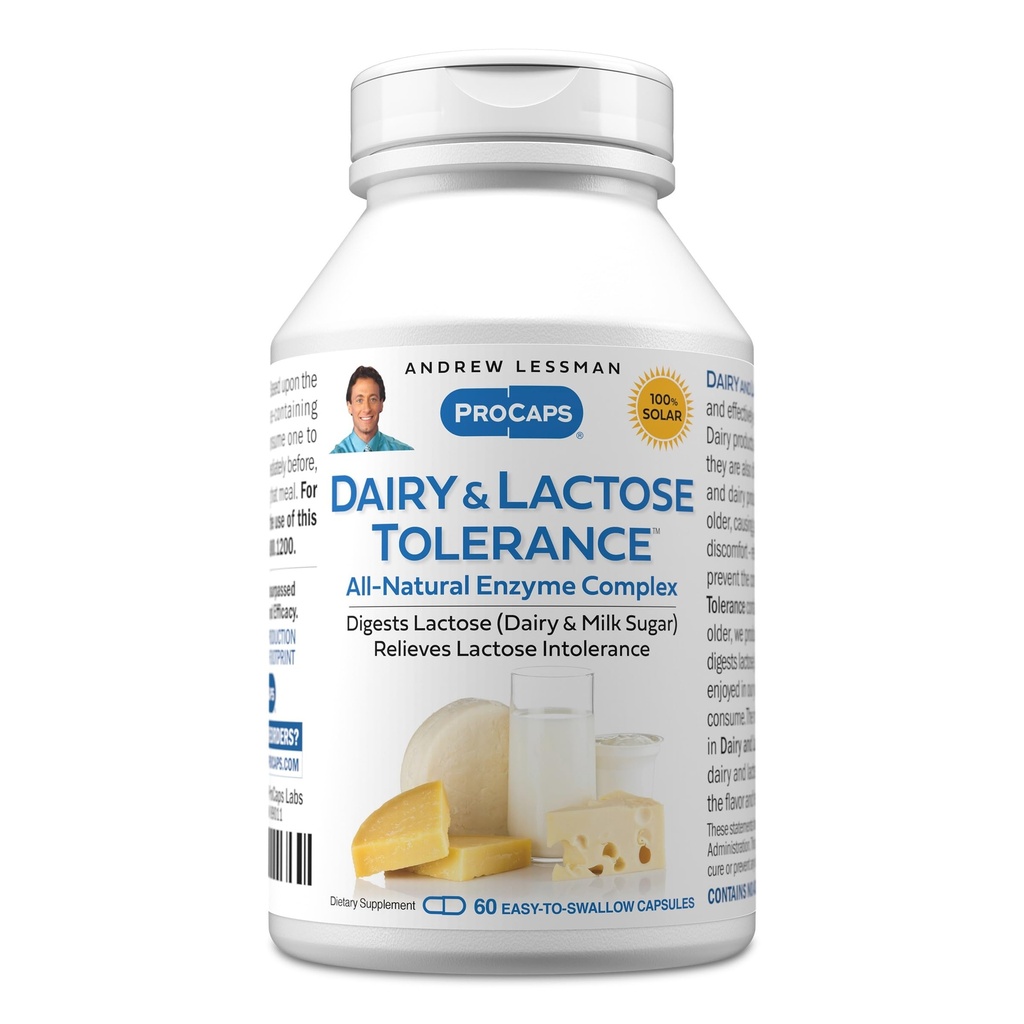 ANDREW LESSMAN Dairy and Lactose Tolerance 60 Capsules - Enhances Natural Digestion of Dairy and Lactose. Mild, Powerful, All-Natural Enzymes Help Avoid GI Discomforts in Digestion. No Additives