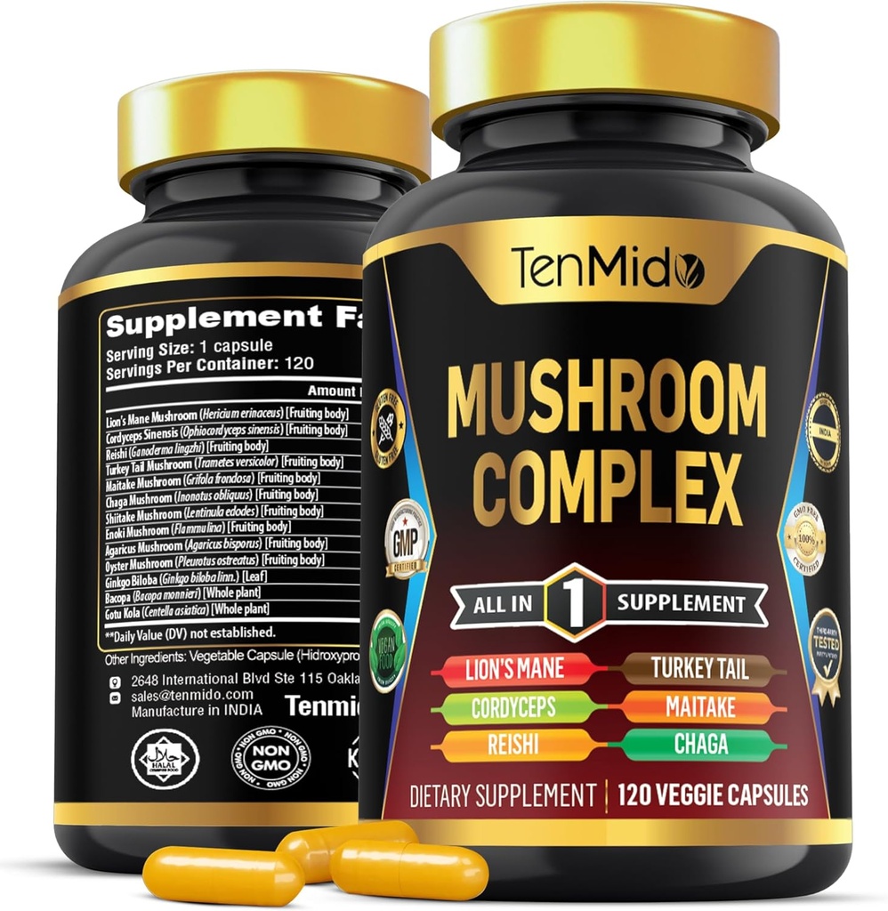 Sēņu komplekss Papildinājums - 13in1 Formula - Blend Lion's Mane Mushroom, Cordyceps Sinensis, Reishi, Turkey Aste, Maitake, Chaga, Shiitake, Enoki, & More - 120 Kapsulas 4 mēnešu piegādes