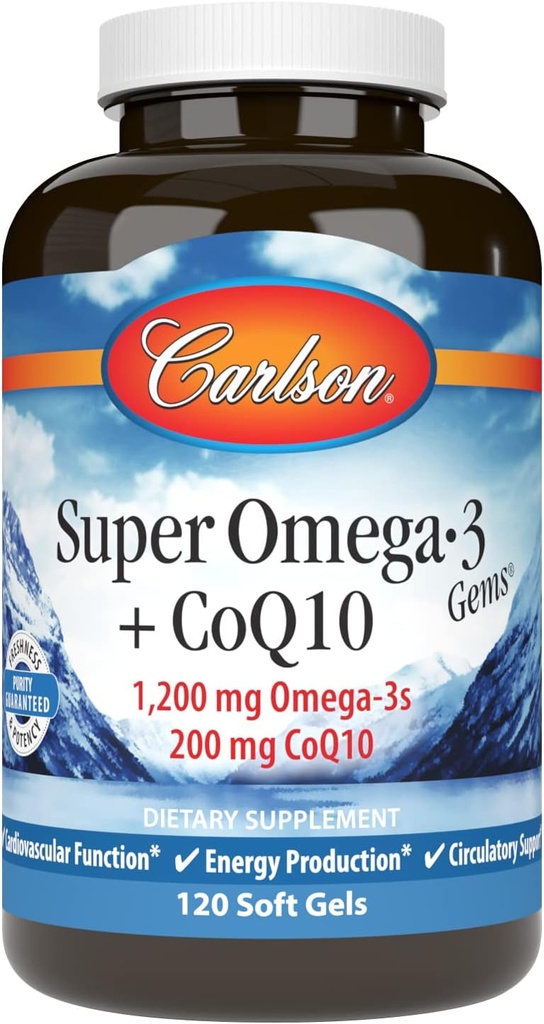 Carlson - Super Omega-3 drahokamy + CoQ10, 1200 mg Omega-3s 200 mg CoQ10, cirkulačné funkcie, výroba energie a podpora obehu, 120 Softgels