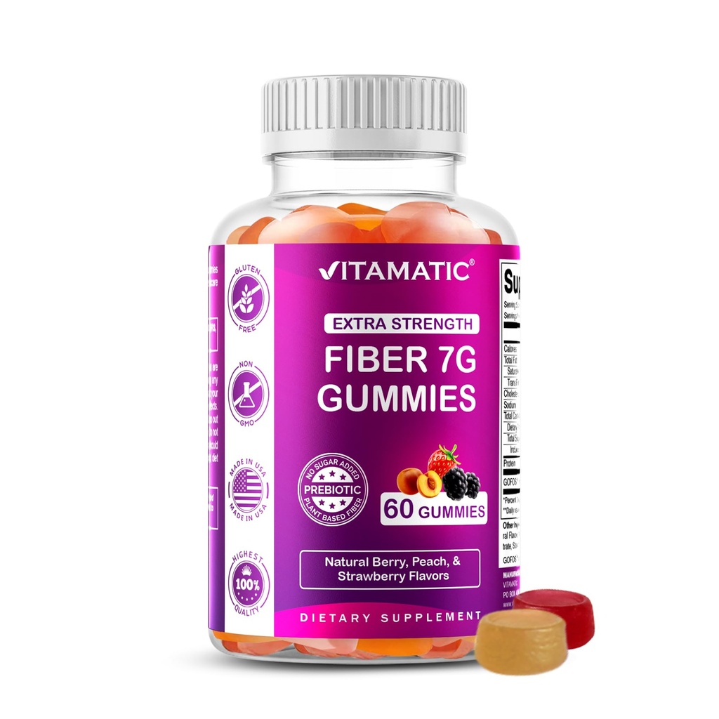 Vitamatic Prebiotic Fiber Gummies for Adults – 7g Fiber per Serving – 60 Pectin-Based Gummies Extra Strength, Zero Sugar Added – Supports Digestive Health & Regularity – Non-GMO, Vegan, Gluten-Free