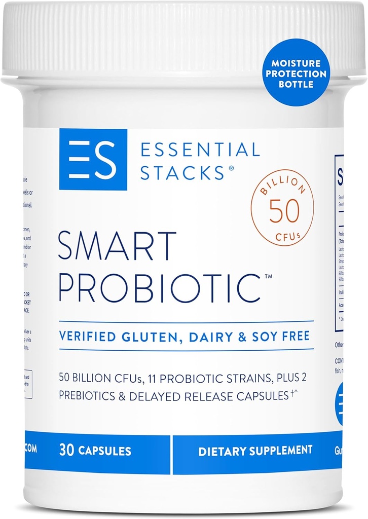 Essential Stacks Smart Probiotics - 50 miljardu KVV, 11 Probiotikas celmi, 2 Prebiotikas, Kavējuma atbrīvot Kapsulas - Daily Probiotic Prebiotic sievietēm un vīriešiem (30 kapsulas)