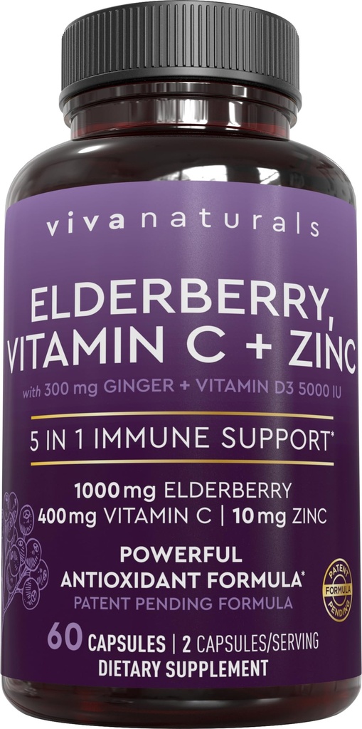 Viva Naturals Black Elderberry 1000mg with Vitamin C, D3 5000 IU & Zinc - 5-in-1 Immune Support Supplement for Adults, Sambucus Elderberry Capsules with Ginger for Men and Women, (60 Capsules)
