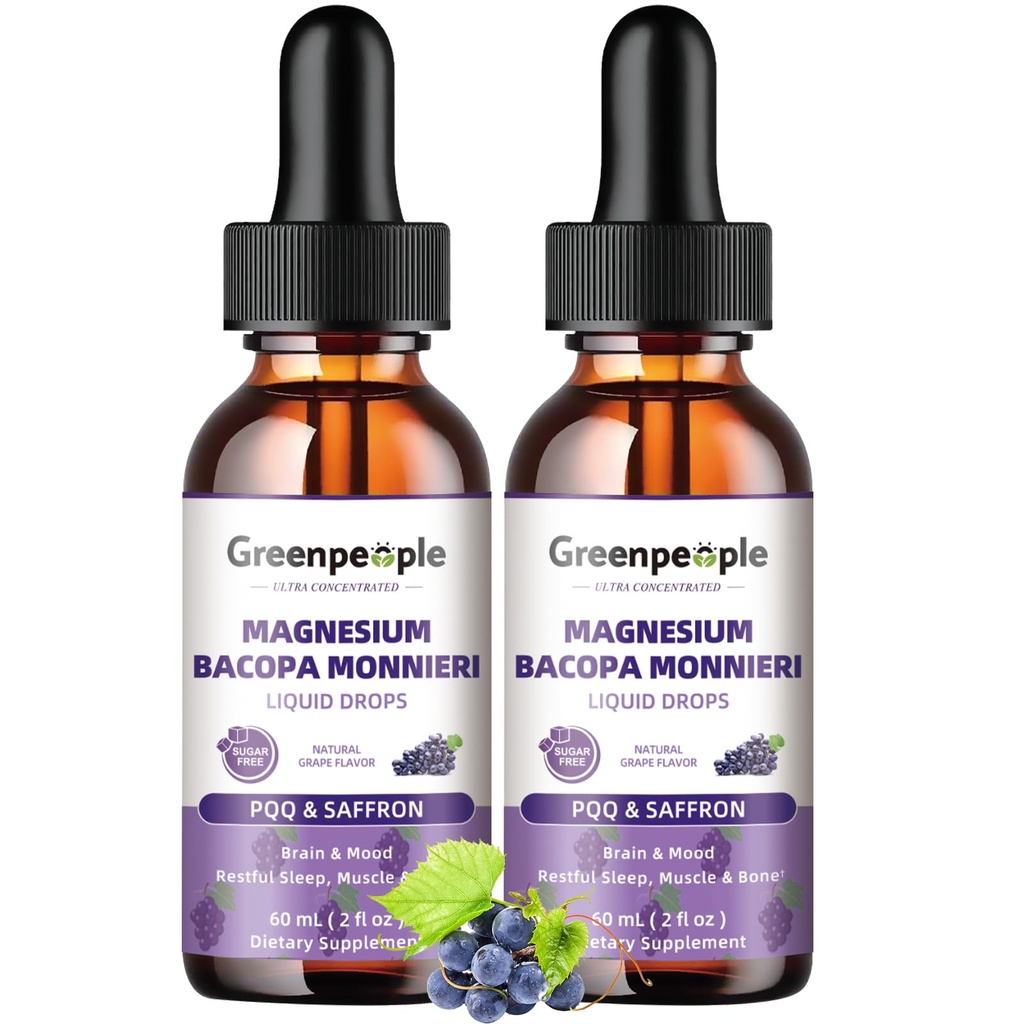 GREENPEOPLE (2 Pack) Magnesium Glycinate Liquid Drops - 4-in-1 High Absorption Liquid Magnesium for Sleep W/Saffron, GABA& Bacopa | Fast-Acting, Bone, Muscle & Sleep | Sugar-Free Grape Flavor, 2fl Oz