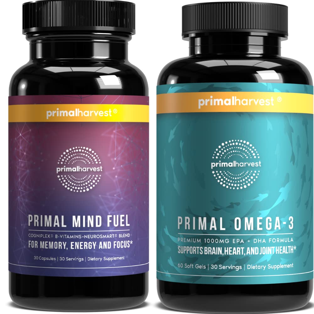 Primal Harvest Mind Fuel & Omega 3 Supplements for Women and Men Fish Oil Capsules and Mind Fuel Brain Booster Pills Bundle
