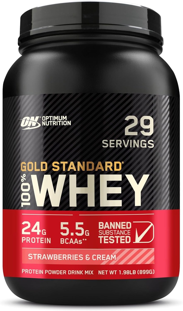 Optimum Nutrition Gold Standard 100% sūkalu proteīns Pulveris, zemenes un krēms, 2 mārciņas (iepakojums May Vary)