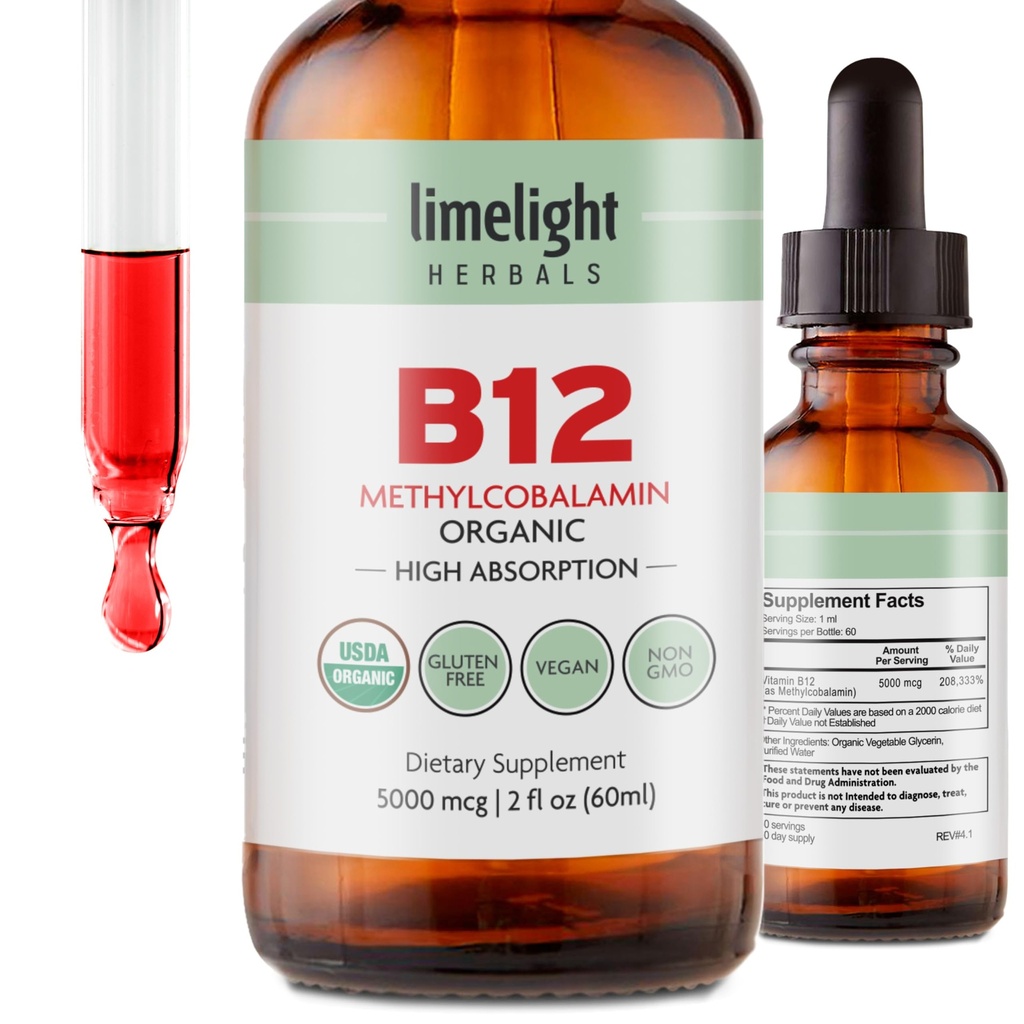 USDA Organic Vitamin B12 Liquid Drops 5000 mcg, Methylcobalamin, Sublingual, Fast Absorption, Cellular Energy, Metabolism Support, Nervous System, Mental Focus, Vegan, Non-GMO, 2 fl oz, 60 Servings