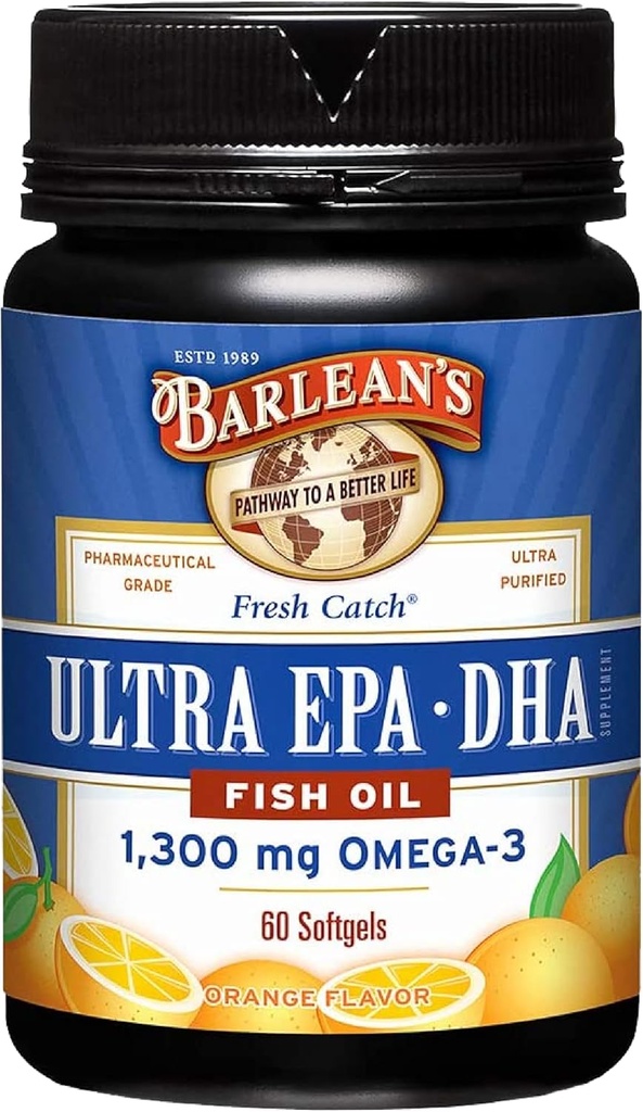 Barlean's Omega 3 zivju eļļas piedevas, papildinājums Softgels vīriešiem un sievietēm, 1300 mg Ultra EPA un DHA Taukskābes, Orange Flavored, 60 Count