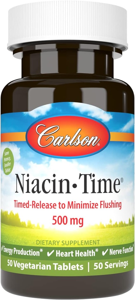 Carlson - Niacin-Time, Time-Release, 500 мг, вітамін B-3, Холестерол Метаболізм, Енергетика Виробництво, Здоров'я серця, 50 таблеток