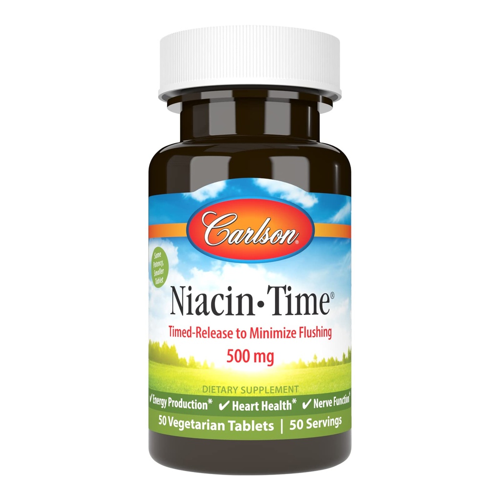 Carlson - Niacin-Time, Time-Release, 500 mg, Vitamin B-3, Cholesterol Metabolism, Energy Production, Heart Health, 50 Tablets