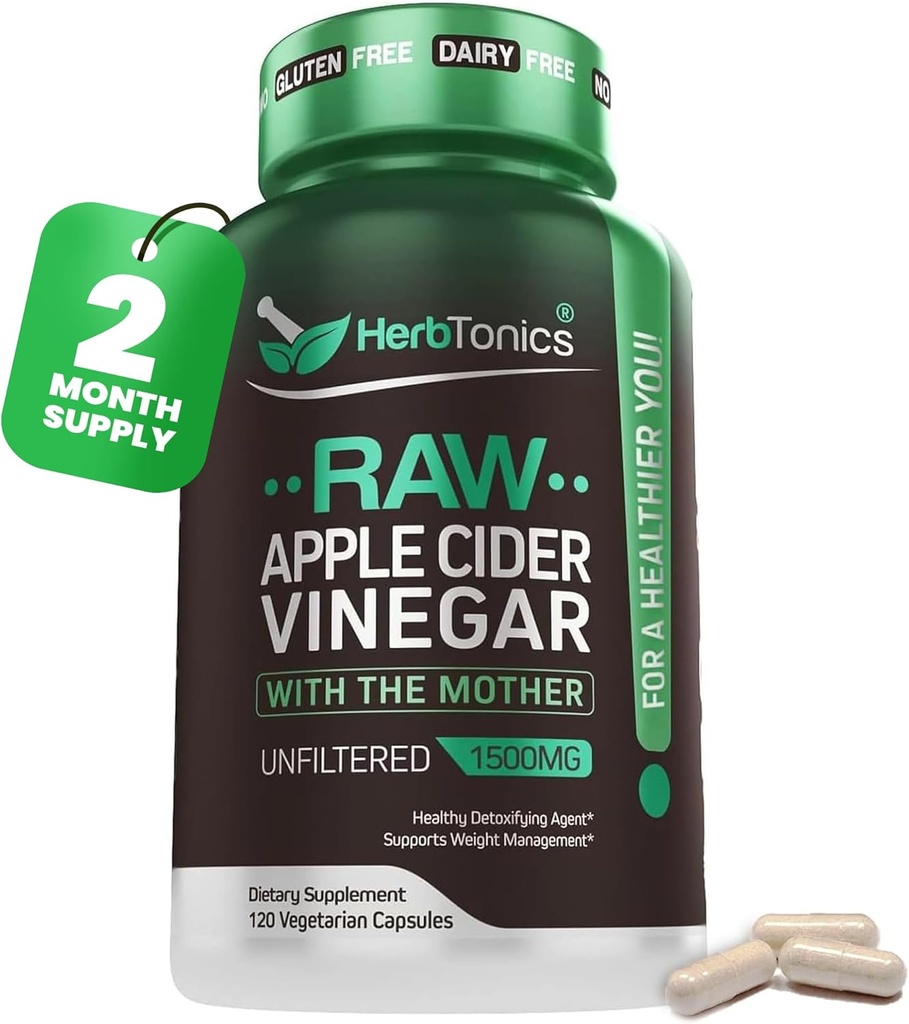 Herbtonics Raw Apple Cider Vinegar Capsules - Ana ilə 1500mg - Kilo İdarəetmə, Detox və GLP-1 Support ilə Digestion Formula