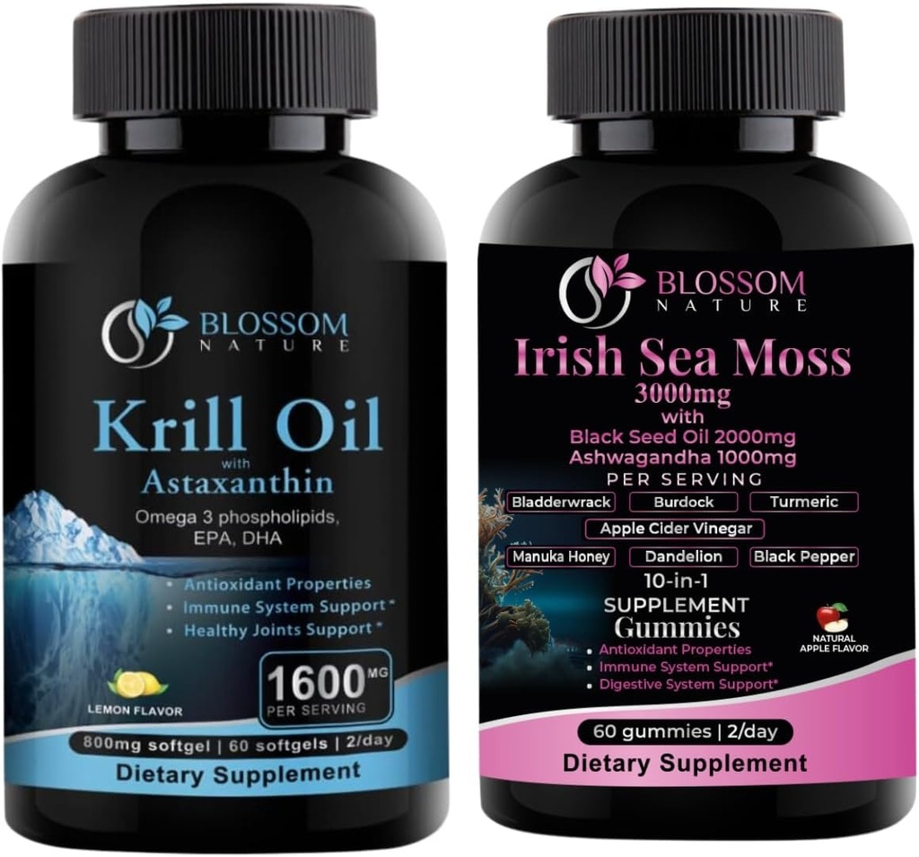 Antarctica Krill ulei 1600mg cu Astaxanthin 2mg și Irish Sea Moss Gummies 3000mg cu ulei de semințe negru și Ashwagandha 2000mg