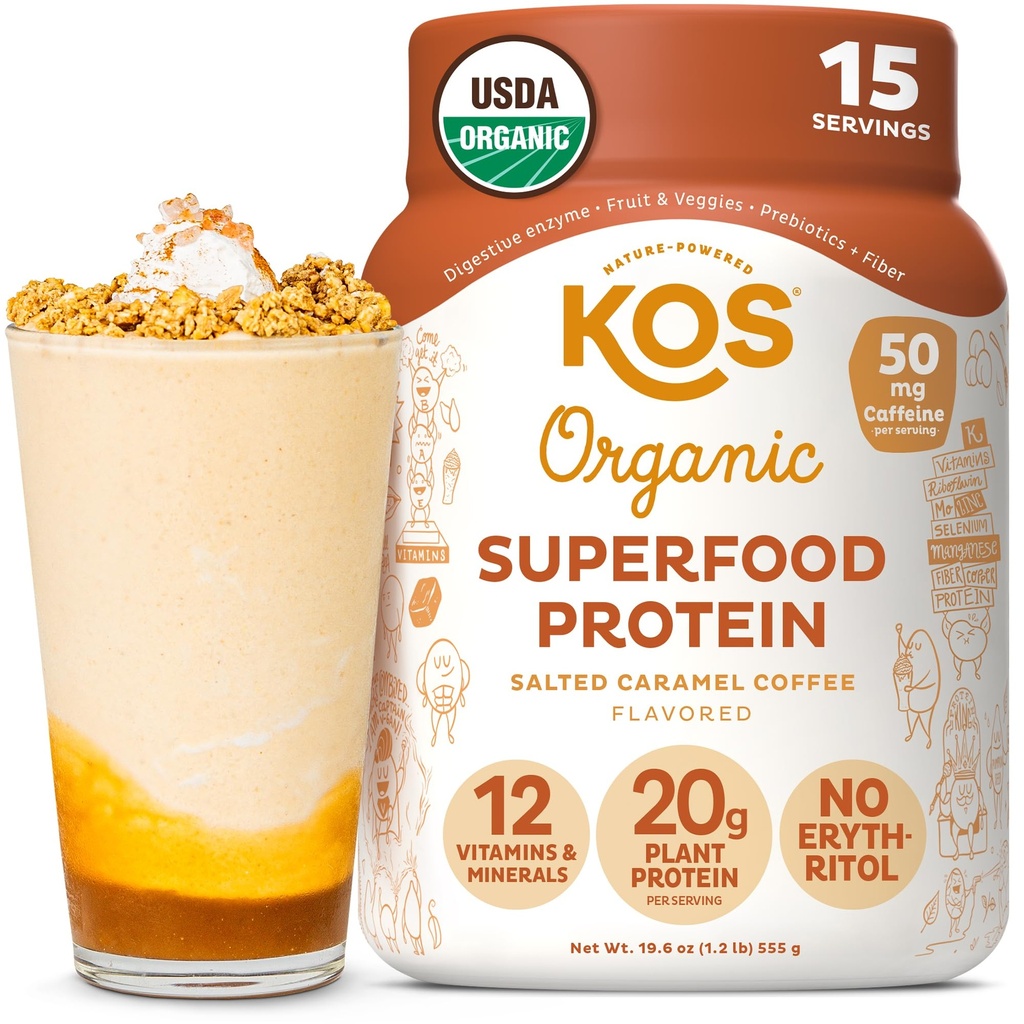 KOS Vegan Protein Powder, Salted Caramel Coffee - Low Carb Pea Protein Blend, Organic Plant Superfood Rich in Vitamins & Minerals - Keto, Dairy Free - Meal Replacement for Women & Men - 15 Servings
