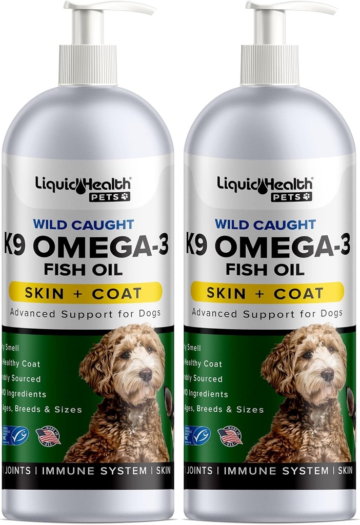 Liquid Health Pets K9 Omega 3 Fish Oil for Dogs - Liquid Omega 3 Addition for Pets with EPA + DPA + DHA - Reduce Iching & Sheding, Support Joints, Имунитет, Мозък, Heart Health - USA Made (2 Pack)