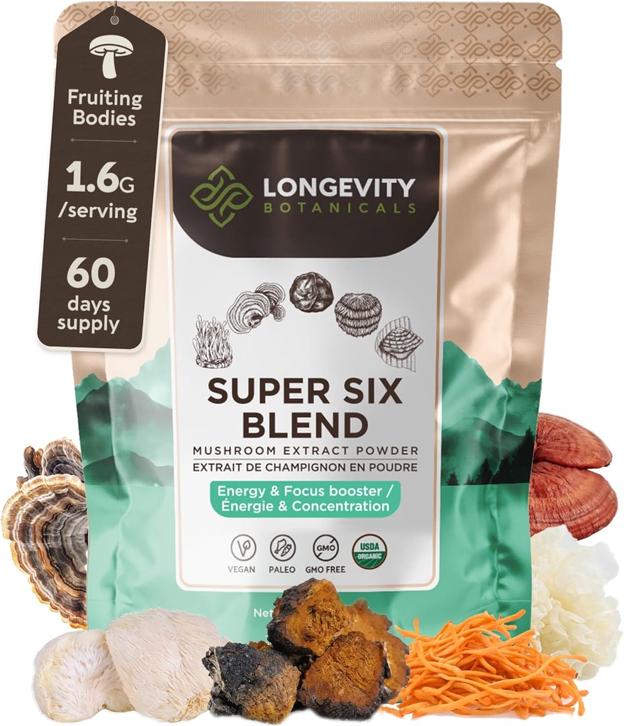 Botanical Super Six Organic Mushroom Blend 100g | Reishi, Lion’s Mane, Chaga, Cordyceps, Tremella & Turkey Tail | Extract Powder Mix | 10:1 Ratio | 100% Fruiting Bodies | Mushroom Complex