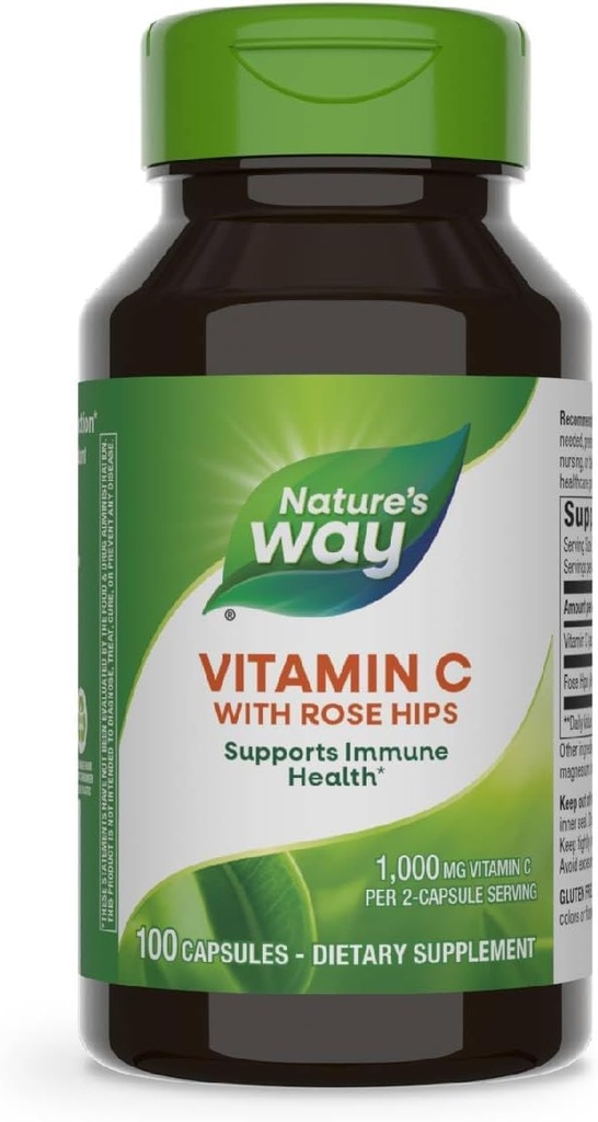 Nature 's Way Witamina C z Rose Hips, Potężny przeciwutleniacz i funkcje immunologiczne Wsparcie z witaminy C *, Promotes Kolagen dla zdrowej skóry *, 1000 mg Witamina C, 100 Kapsułki (Opakowania maja Wary)