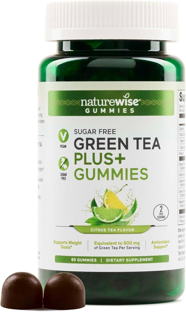 NatureWise Green Tea Gummies - Keto, Sugar Free - Подкрепете Fitness Цели за жени & Men - 500mg Зелен чай + Raspberry Ketones, Garcinia Cambogia - Веган, No Gluten - 60 Count[1 - Month Supply]