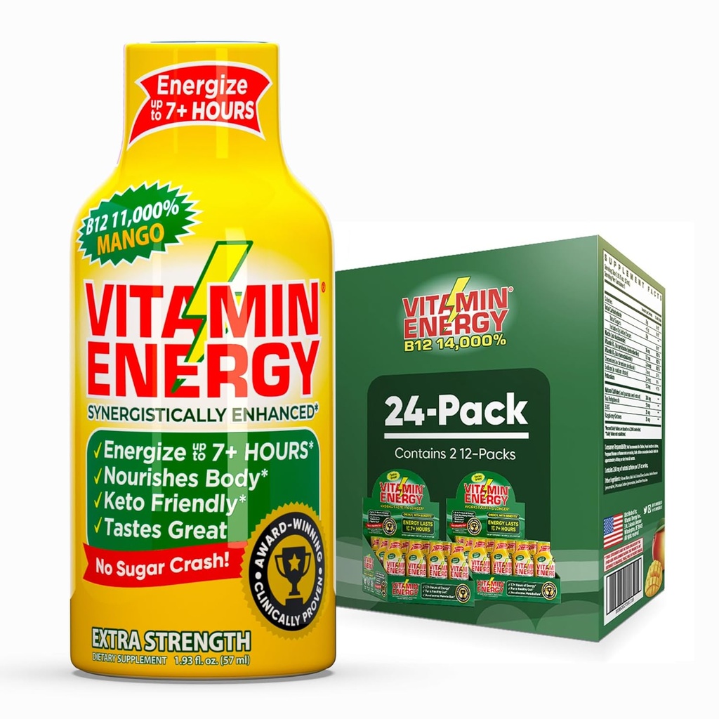 Vitamin Energi B12 11.000% Ekstra styrke Energi Shot Mango 24 Pack, 260mg Naturlig Koffein, B12 & B6, Nootropt Focus, Vitality, Zero Sugar, Gluten- Free, Vegan, Kosher, 1.93 fl oz