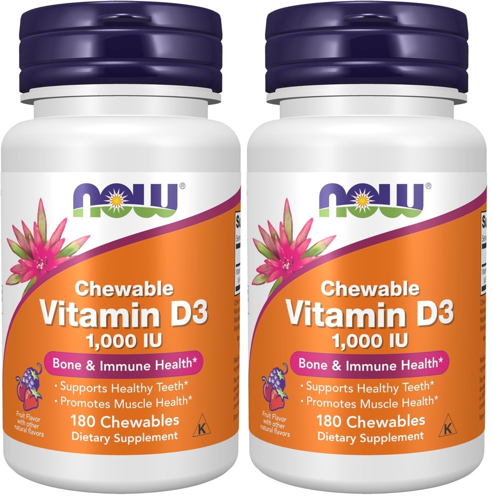 NOW Foods Supplements, Vitamin D-3 1,000 IU, Natural Fruit Flavor, Structural Support*, 180 Chewables (Pack of 2)