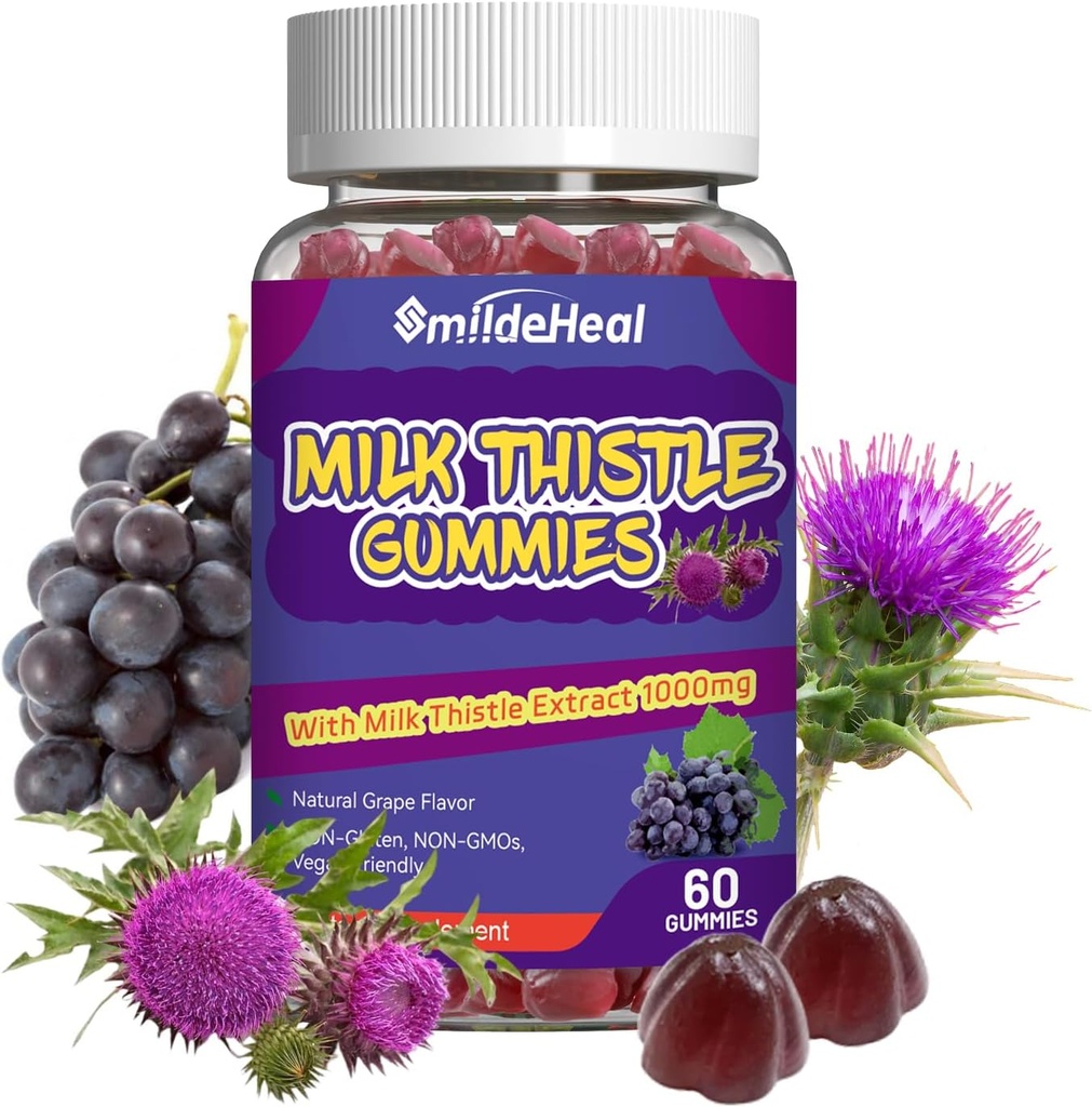 Milk Thitle Gummies, Milk Thitle Extract 1000mg, Pečeň Detox, Antioxidant Podpora, Non-GMOs, Non-Gluten, Vegan, Milk Thitle Supplement, 60 Počet
