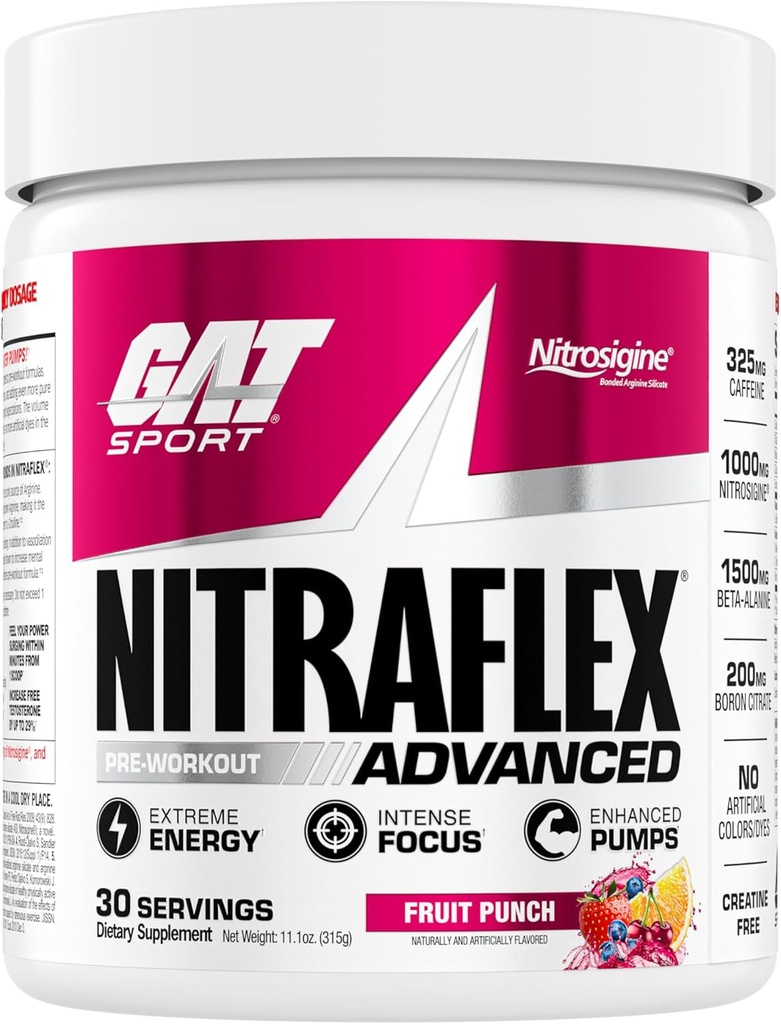GAT SPORT Nitraflex Advanced Pre- Workout Powder, Zvyšuje krevní tok, zvyšuje sílu a energii, zlepšuje výkon cvičení, muži a ženy (Ovocný punč, 30 Služeb)