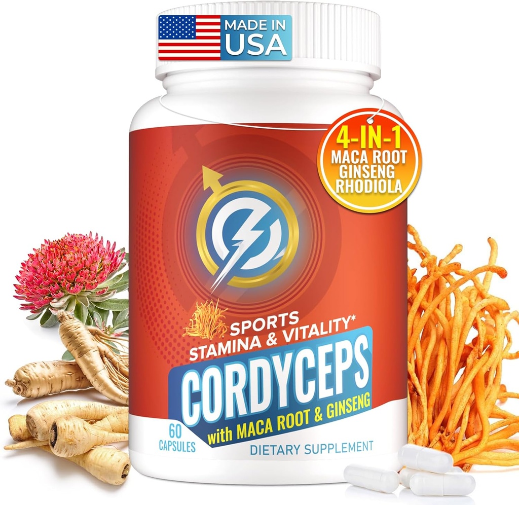Capsules de cogumelos de cogumelos - Suplemento de apoio inmune e enerxía con Cordyceps Militaris, Maca Root, Ginseng, Rhodiola, Suplemento de cogomelos para a resistencia, Stamina, rendemento atlético, 60 cápsulas
