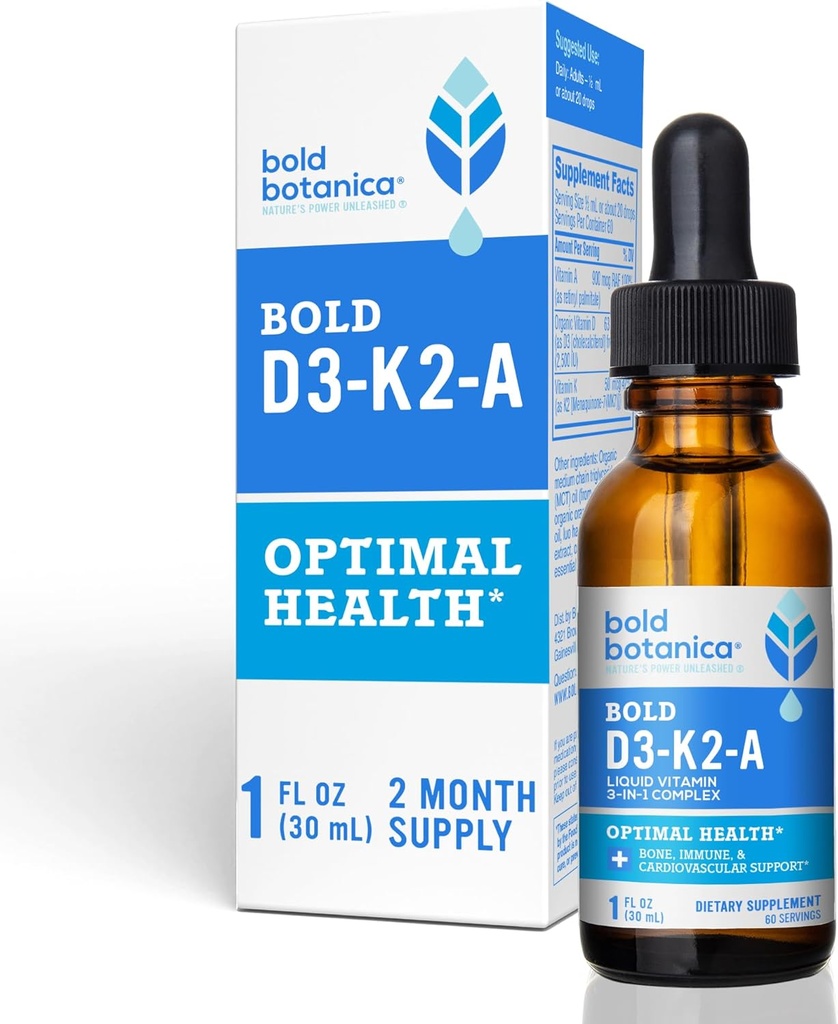 Bold Botanica D3-K2-A, Рідкий вітамінний комплекс, Vegan D3 з органічного водоростей з вітаміном K2 (MK7) і A для імунітету, натурального апельсина Flavor, смаки смачні, 1 FL OZ. (30mL)