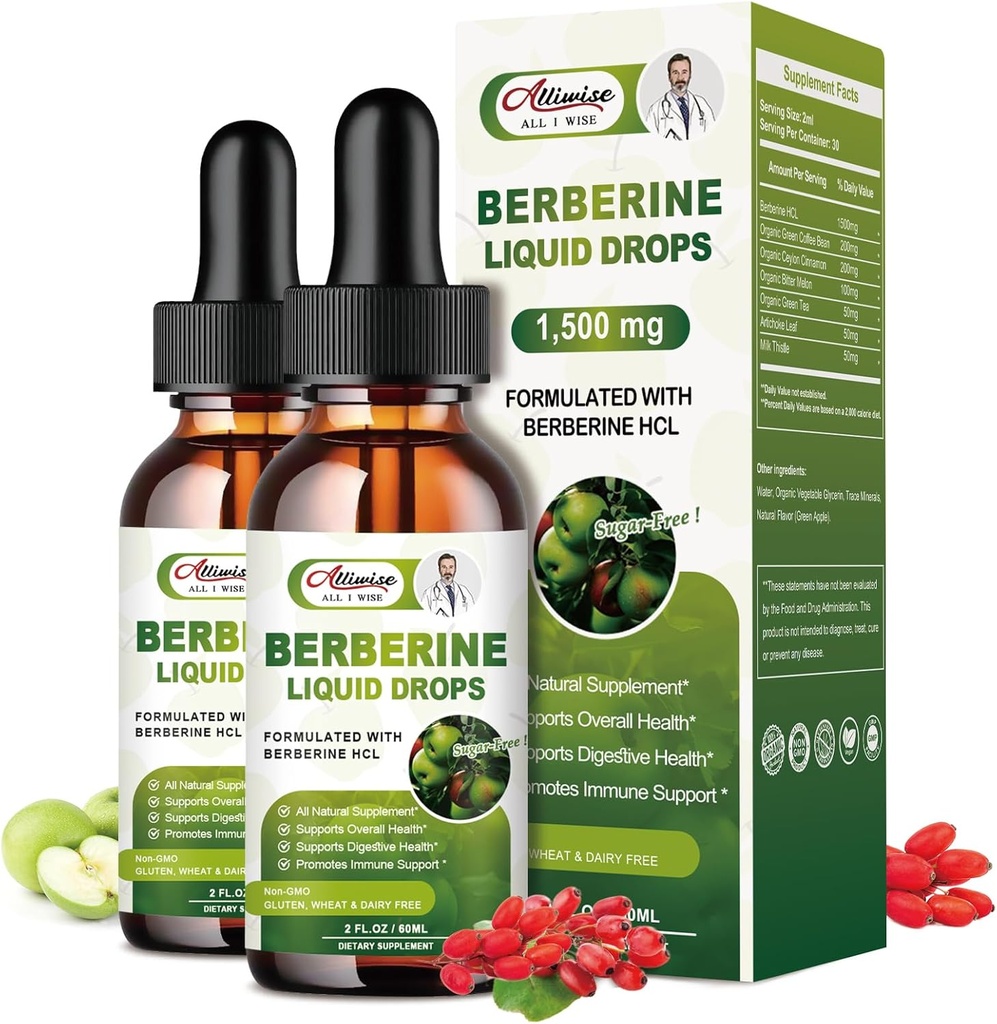 2 Pack Berberine Supplement Liquid Drops for Immune System & Digestive System Supports -Premium Berberine HCL 1500mg with Pure Ceylon Cinnamon -4 Fl Oz