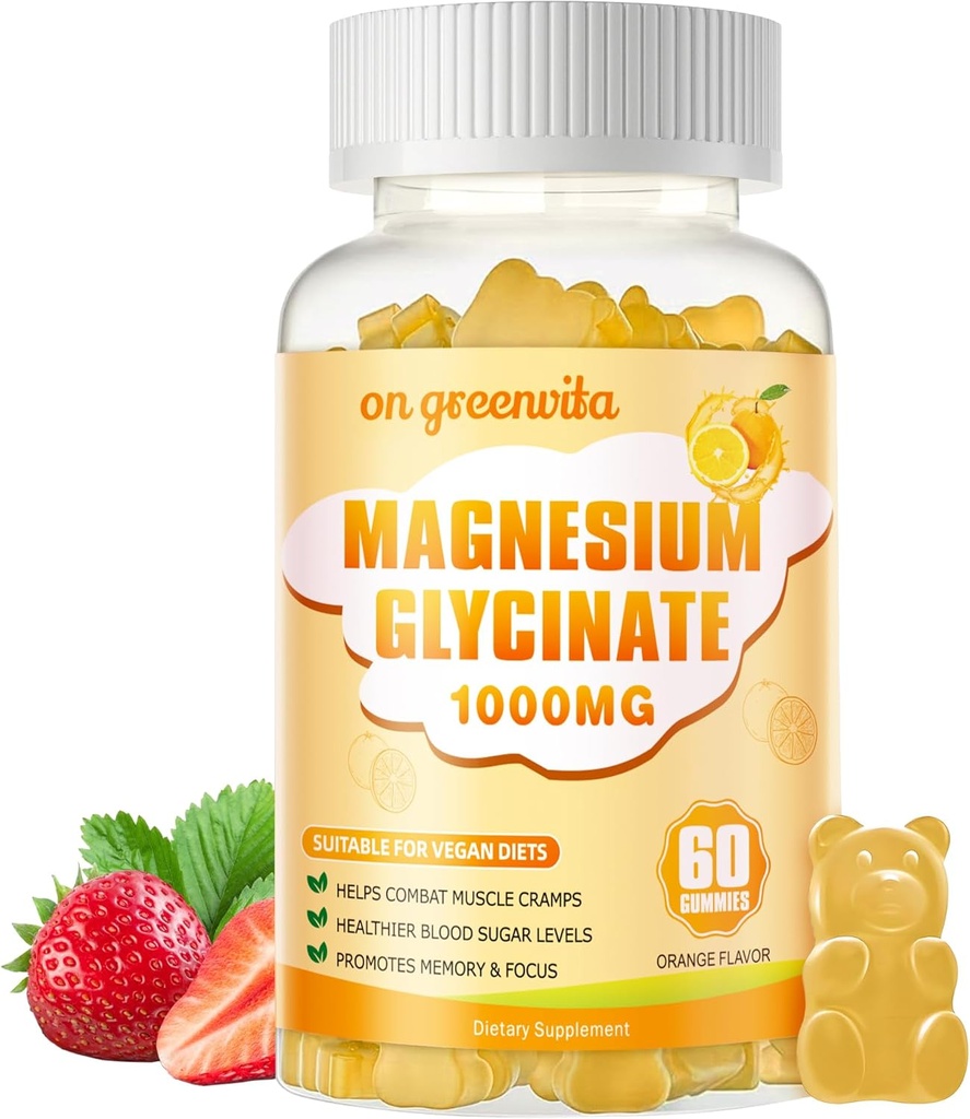Magnezyum Glycinate Gummies 1000mg - Vitamin D, B6, Q10 Calm Mood & Sleep Support - 60 Orange Gummies