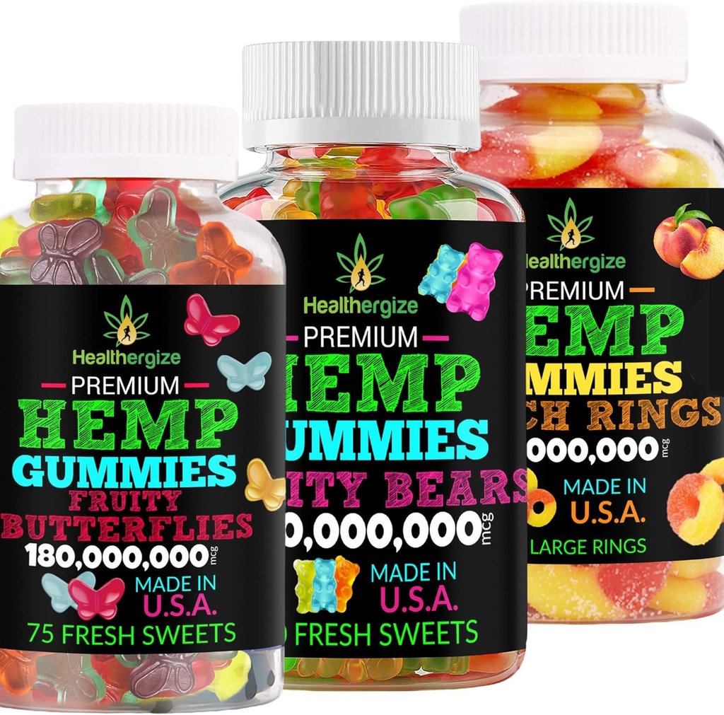 3PACK Hemp Gummies Premium- Hempoil Gummy Bears, Fruit Butterflies dan Segar Peach Rings- untuk Tidur, Tenang, Tenang, Otot, Kembali, Ketidaknyamanan, Persemakmuran Alami - Dibuat di Amerika Serikat
