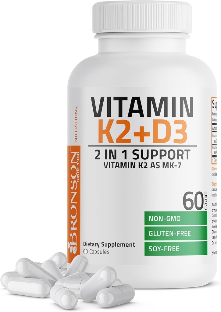 Bronson Vitamin K2 D3 (MK7) Tambahan Non- GMO Formula Vitamin D3 5000IU (125 mcg K2 MK-7, Easy to Swallow D & K Complex, 60 Capsules