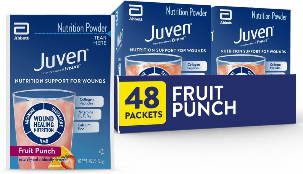 Juven Therapy Nutrition Drink Milteliai įskaitant Collagen Peptides, Amino rūgštys, ir HMB Žaizdų gydimo parama, Vaisių punch, 48 Paketai