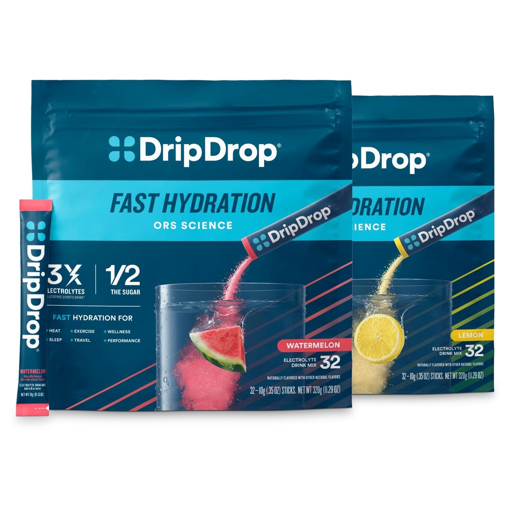 DripDrop Hydration - Electrolyte Powder Packets - Watermelon & Lemon Bundle - 64 Count