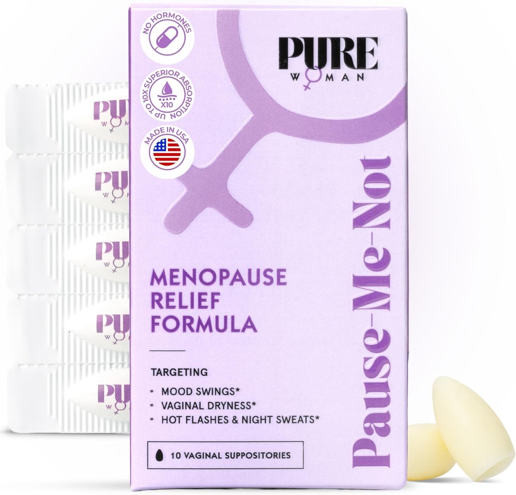 Pure Woman Pause-Me-Not Menopause Relief Vaginal Suppositories - Moisturizador Vaginal para Mujeres Menopáusicas - Vitamina E &amp; Acid Vaginal Suppositorios para la sequedad, Hot Flash &amp; Night Sweat