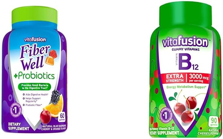 Vitafusion Fiber Well + Probiotics Gummies per gli adulti 60 Conteggio Vitamina B12 Gomma Vitamine per il Metabolismo Energetico Supporto 90 Conte