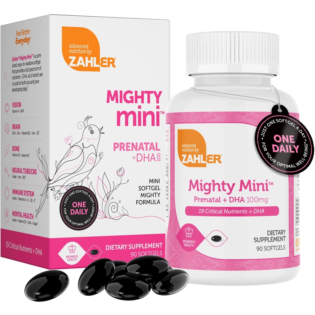 Zahler Mighty Mini - Easy-to-Swallow Prenatal Vitamin for Expectant Mothers - Methylfolate, DHA & Advanced Nutrition - Supports Baby & Mom's Health - Kosher, Gluten-Free & Non-GMO - 90 Softgels