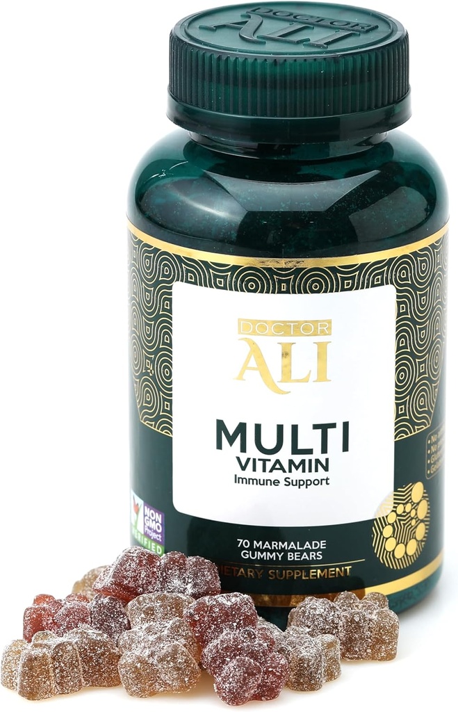 Dr ALI Natural Multivitamin Gummies , Organic Daily Gummies with Vitamin A, C, " Essential Nutrients , Immune Support, Digestion, Brain ' Vision Health , Gluten-Free , Gelatin-Free | 70 count