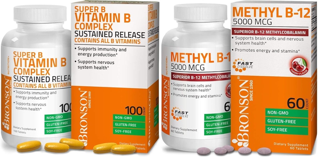 Bronson Methyl B12 5000 mcg bitamina B12 Methylcobalamin Lozenges + Super B bitamina konplexu motela askatu da
