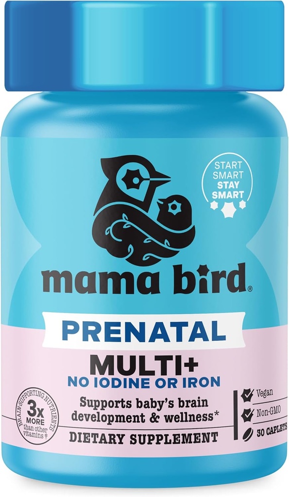 Best Nest Wellness Mama Bird Prenatal Multi Plus Iodine " Iron Free - Prenatal Vitamin for Brain ' Digestive Health - Vegan Multivitamin with Methylfolate, Probiotics " More - 30 Caplets