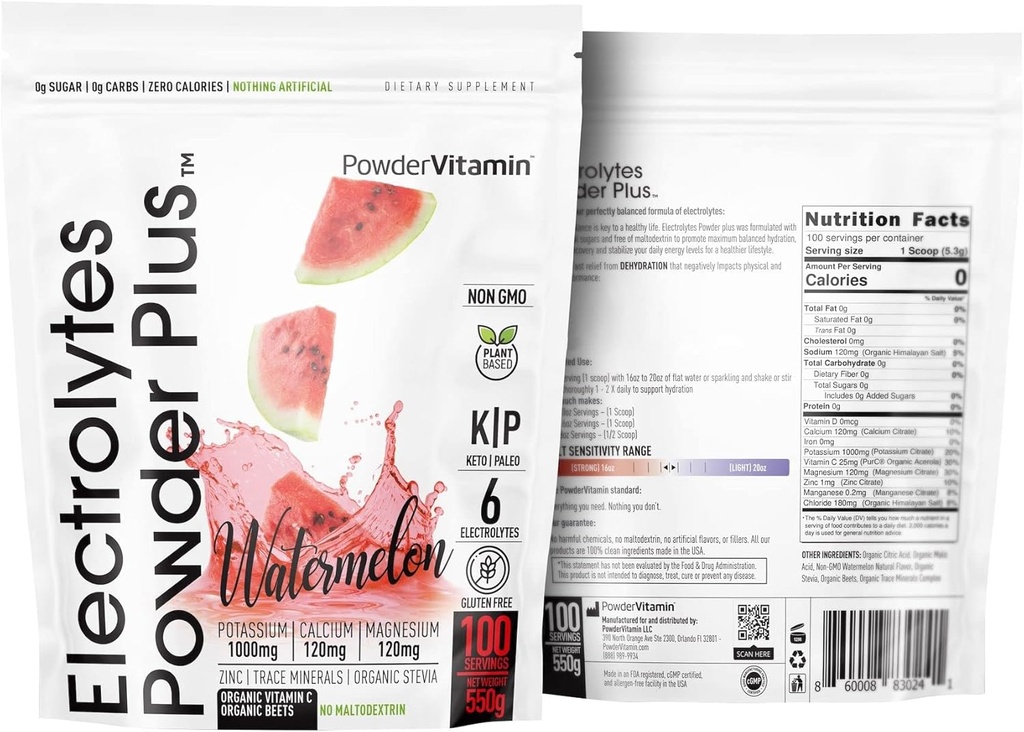 PowderVitamin Electroytes Powder Plus (100 Servings) Watermelton Electrolyte Power, Zero Calorie, Keto, 0 Sugar, No Maltoodextrin, 1000ag Potasli, 120g Calci, 120mg Magium, Energia Hydration Powde