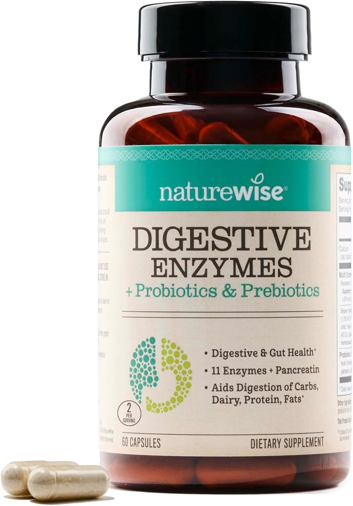 NatureWise Enzymes digestifs - Multienzymes avec probiotiques + Prébiotiques - Soutien post-repas pour le confort et le ballonnement + Aides Digestion et Santé Gout - Sans soja, non-OGM - 60 capsules[1-Mois]