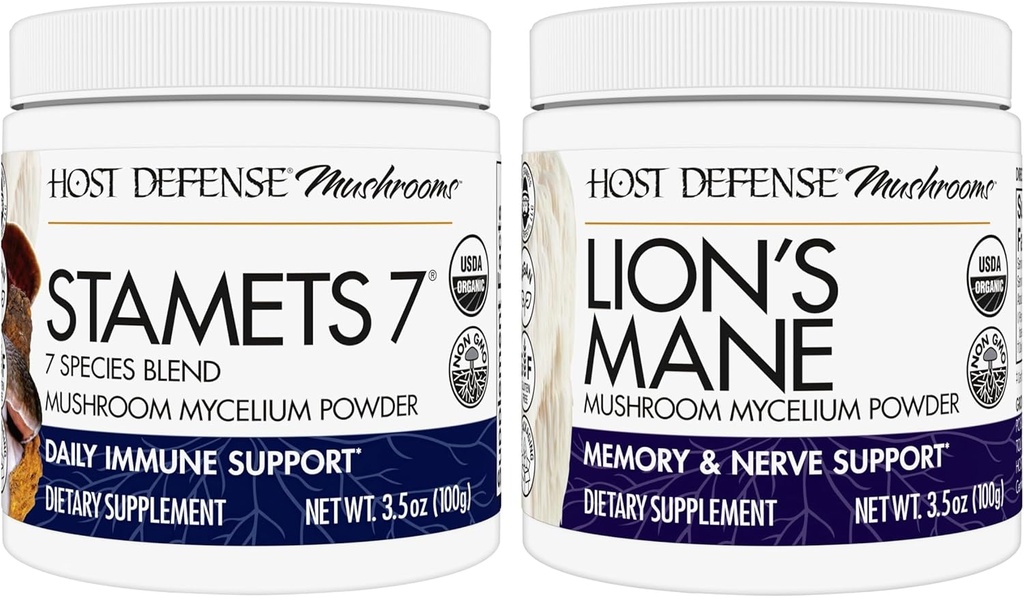 Host Defense Bundle with Stamets 7 Mushroom Powder, 3.5 oz & Lion's Mane Powder, 3.5 oz - Ondersteuning Immune Health with 7 Species Blend - Support Brain Health, Memory & Focus