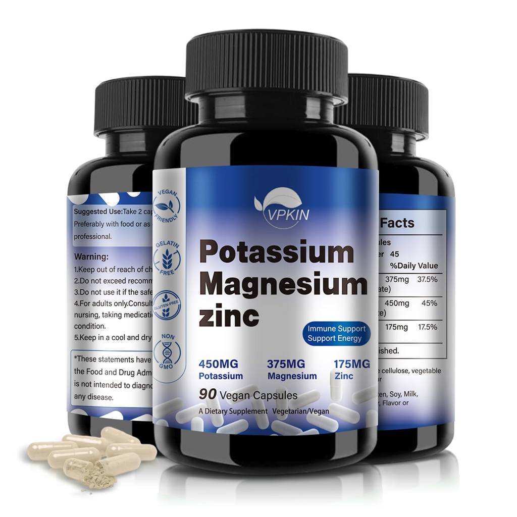 Potassium Magnesium Supplement 1000mg, Magnesium Potassium Zinc Aspartate | Support Immune,High Absorption,NON-GMO,Vegan(90 Capsules)