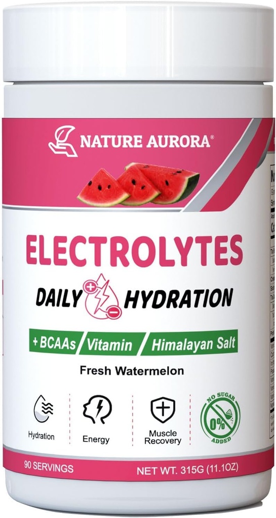Electrolytes Powder No Sugar, Fresh Watermelon Electrolyte Powder, Hydration Powder, Enhanced with Himalayan Salt, BCAAs, and B-Vitamins, No Calories, Sugar Free Keto Electrolyte Drink - 90 Servings