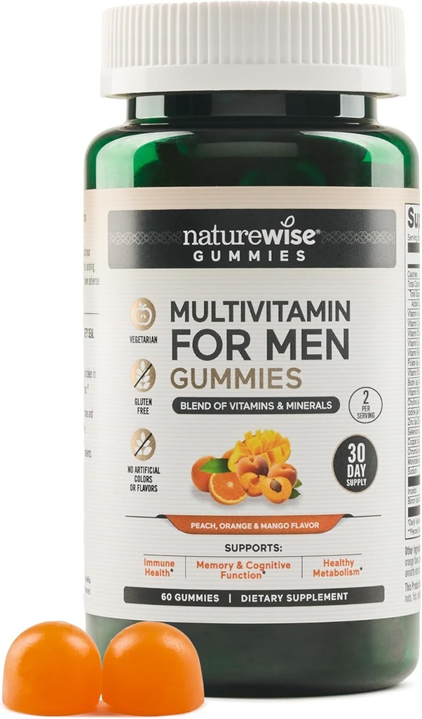 NatureWise Multivitamin for Men, Gummies Peach Mango Flavor, for Immune Health with Minerals & Vitamin A, C, D, E, B6 and B12, Vegetarian, Soy-Free, Non-GMO, 60 Conde[1-Month Supply]