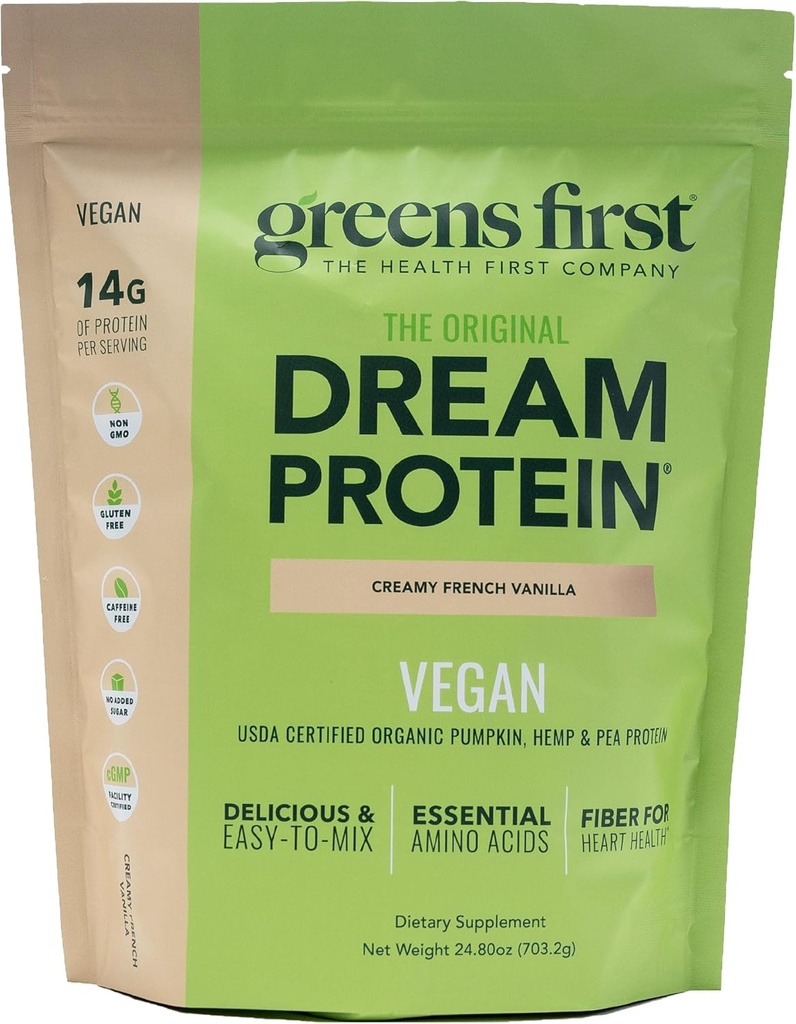 Greens First Dream Protein Plant-Based Vegan Powder - USDA Biologische Pompoen, Hemp & Pea Protein - Glutenvrije, niet-GMO, Geen toegevoegde suiker (Creamy French Vanilla, 24,8 oz)