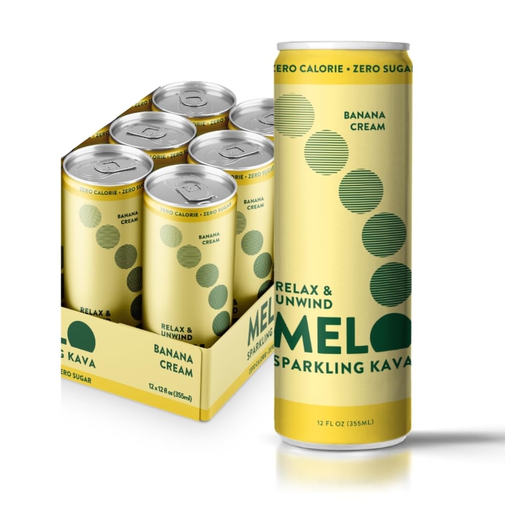 Melo Sparkling Kava Drink, Banana Cream, Suikervrij Niet Alcoholvrije Dranken met Zero Calorieën, Glutenvrij, Veganistisch, 100% Natuurlijke Mocktail met 100mg Kava Root per Drink, 6 Pack, 12 oz Cans