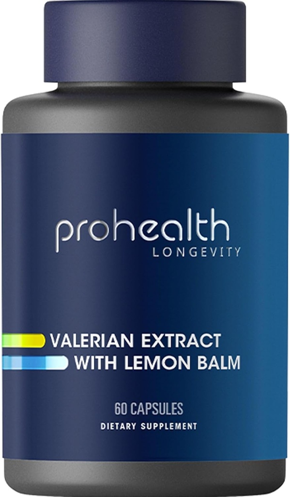 ProHealth Valerian Extract + Lemon Balm (60 Capsules) 160 mg Valerian + 80 mg Lemon Balm | Relaxation & Sleep Support | No Morning Grogginess | Vegan | Gluten Free | Soy Free