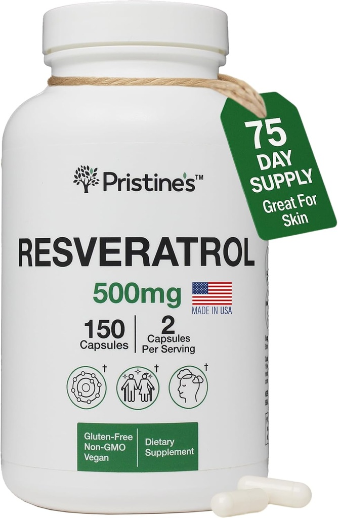 PRISTINE的Resveratrol 500MG 75天供应抗衰老抗氧化剂和心脏健康补充剂-脑肺健康福利