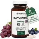 PRISTINE'S Resveratrol 500mg Capsules, 98% Trans-Resveratrol, 150 Count | Healthy aging and antioxidant support from 98% trans-resveratrol. 75 day supply, vegan, non-GMO, gluten-free glass bottle